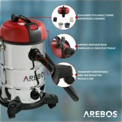 AREBOS Aspirateur Industriel | Aspirateur Eau Et Poussière | Aspirateur Sec Et Humide | 1800W | 30L | Acier Inoxydable - Noir/rouge -Aspirateur et sac Soldes 16033473 3