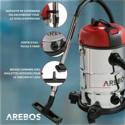AREBOS Aspirateur Industriel | Aspirateur Eau Et Poussière | Aspirateur Sec Et Humide | 1800W | 30L | Acier Inoxydable - Noir/rouge -Aspirateur et sac Soldes 16033473 4