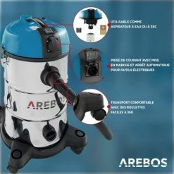 AREBOS Aspirateur Industriel | Aspirateur Eau Et Poussière | Aspirateur Sec Et Humide | 6en1 | 2300W | 30L | Acier Inoxydable | Fonction De Soufflage | Bleu - Bleu -Aspirateur et sac Soldes 26673622 3