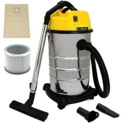 MAXBLAST Aspirateur Industriel De 30 Litres 1400W En Acier Inoxydable Et Accessoires, Aspirateur Sec & Humide, Sac à Poussière Offert - Argent#Jaune
